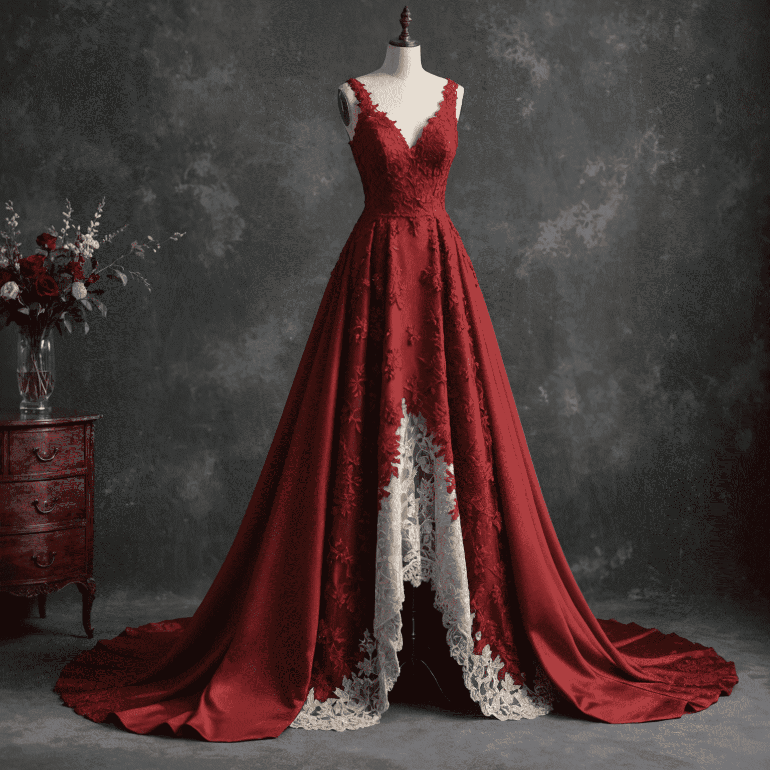 Un hermoso vestido de noche personalizado en color rojo intenso, con detalles de encaje y pedrería, colgado en un perchero elegante.